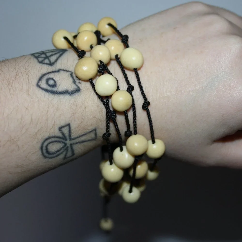 🖤 Wooden Beaded + Black Cord Bracelet · Adjustable · 8